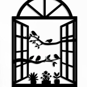 Birds and Plants Window Metal Wall Art, Black